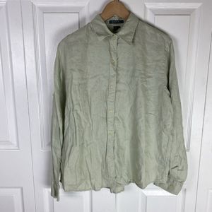 Lauren Ralph Lauren L 100% Linen Green Shirt Button Up Long Sleeve Blouse Top